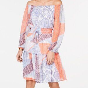 Tommy Hilfiger Patchwork Print Ruffled Multicolor Off Shoulder Dress Size 14